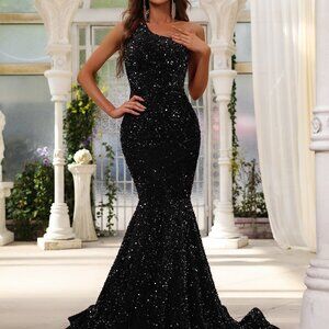 Black Elegant Women's Sequin Asymmetric Fishtail Dress